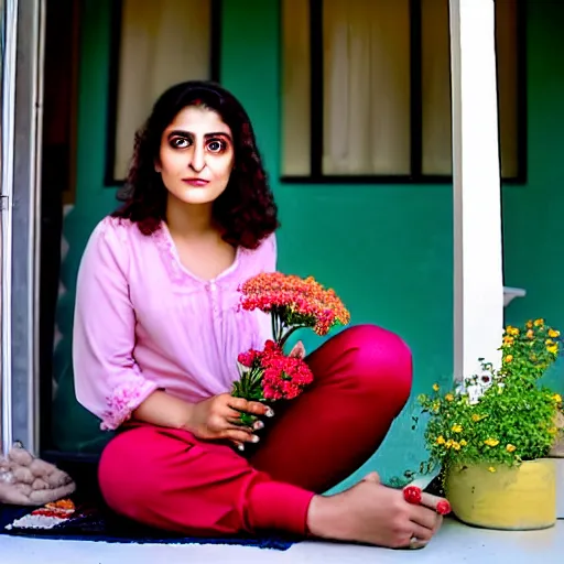 Image similar to a beautiful portrait of actress rabia soyturk sitting on the porch holding a flower, in front of the house