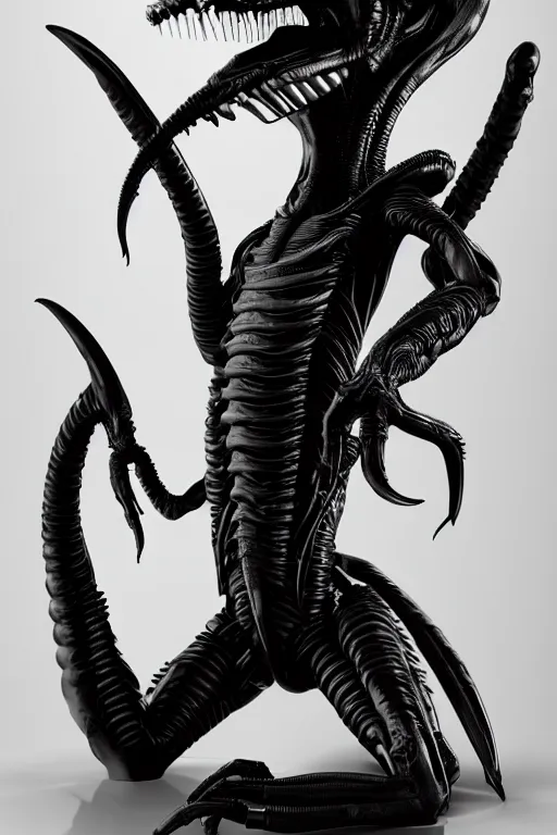 Image similar to hr giger xenomorph alien design in embrio pose, black, shiny body, hyperrealistic, cinematic lighting