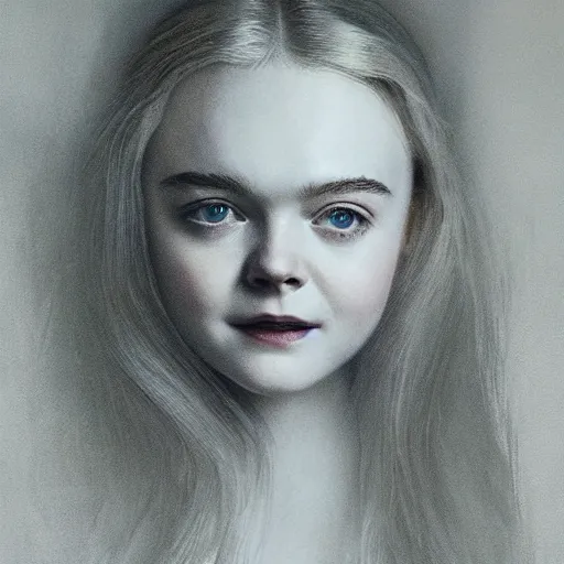 Prompt: Elle Fanning in a dream, head and shoulders portrait, extremely detailed masterpiece, Roger Deakin’s cinematography, illustration, by Michael Sowa,