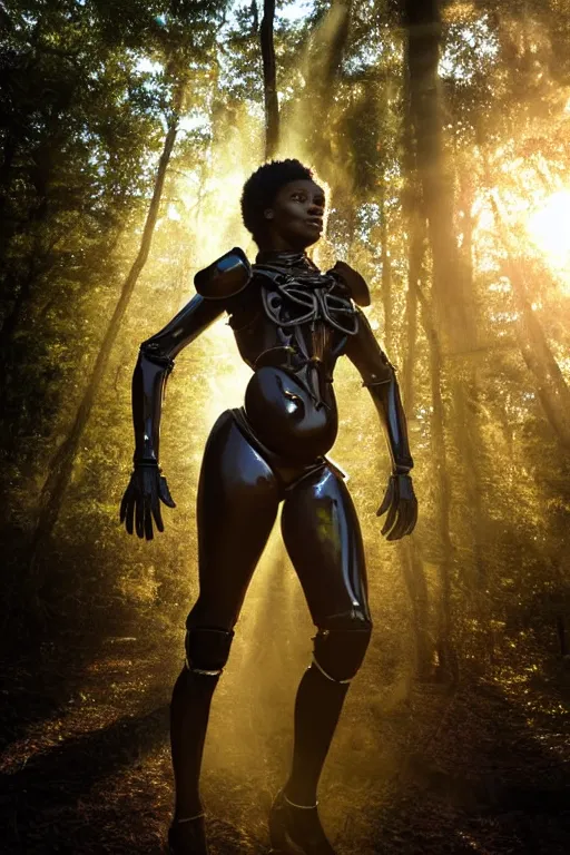 Image similar to hyperrealistic gorgeous black woman highly detailed exoskeleton bone armor in a forest sun behind her god rays concept art eric zener elson peter dramatic light low angle hd 8k sharp focus