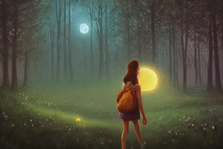 Image similar to giant daisy flower as face, girl walking in forest, surreal photography, dark night, stars, moon light, impressionist painting, clouds, digital painting, artstation, simon stalenhag