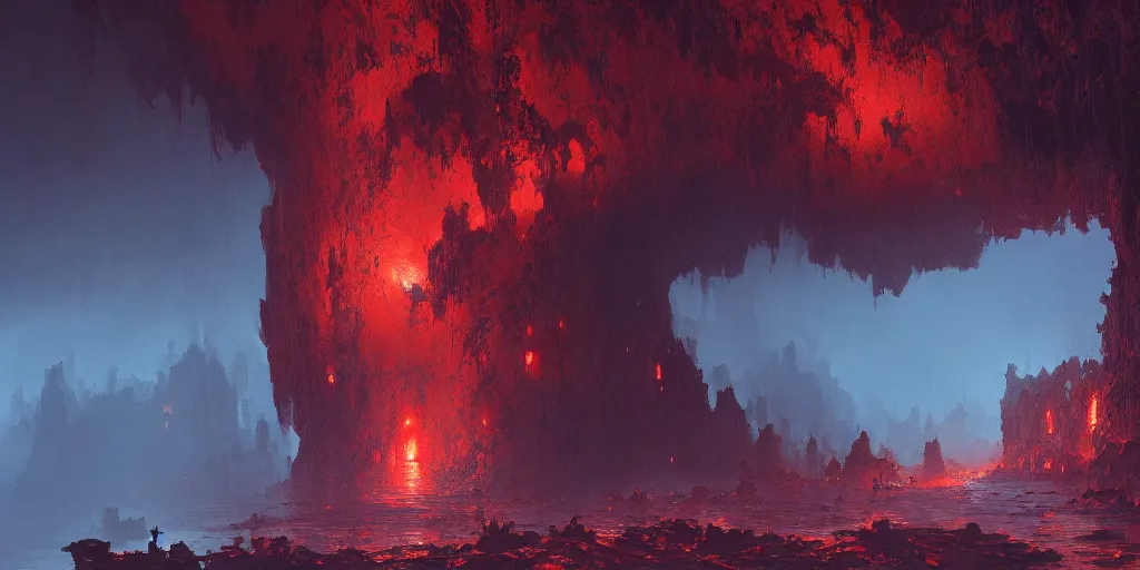 Prompt: A deep dark intricate murky cave network, reddish lava highlights, Darek Zabrocki, Marcin Rubinkowski, Lorenzo Lanfranconi, Oleg Zherebin, Karlkka, trending on Artstation, 8K