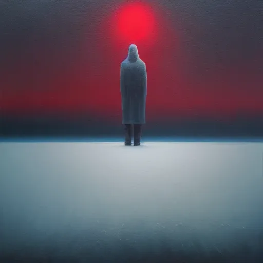 Image similar to a painting of a person standing in the snow, a surrealist painting by zdzisław beksinski and by alena aenami, deviantart, nuclear art, dystopian art, apocalypse landscape, surrealist