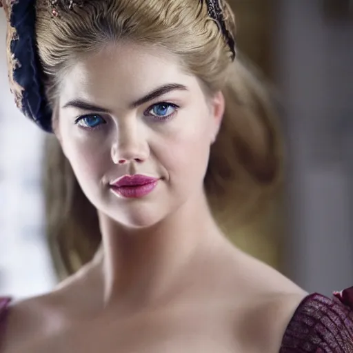 Image similar to kate upton wearing robe a la francaise, wow 4 k detail fantasy, matte painting, realistic materials, photo realistic, postprocessing, cinematic, hyperrealistic, studio lighting, ekaterina, the tudors, photography by richard jenkins