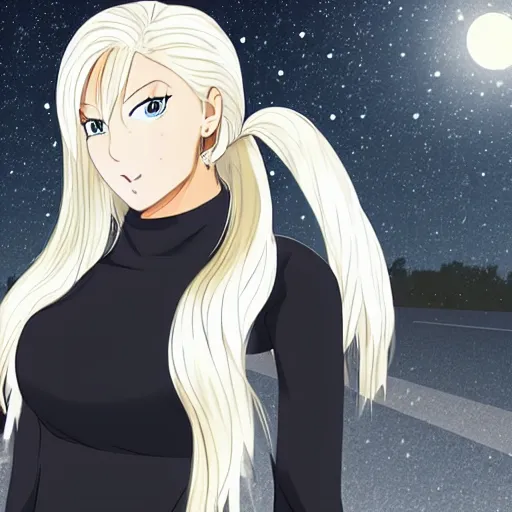 Prompt: a blonde woman with a ponytail wearing black clothes wanders through a city at night, anime