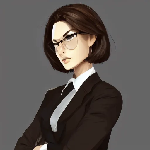 Image similar to woman in black business suit, light brown neat hair, pixiv, fanbox, trending on artstation, portrait, digital art, modern, sleek, highly detailed, formal, serious, determined, lawyer, colorized, smooth, charming, prett