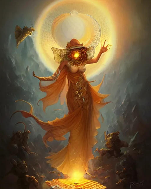 Prompt: draconic beekeeper priestess wrapped in honeycomb and silk, fantasy portrait, radiant halo of light, by peter mohrbacher, artgerm