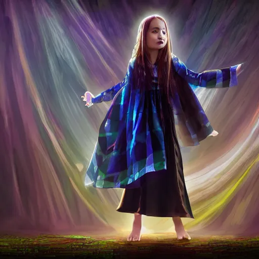 Image similar to mysterious girl child with her long black hair dressed in a chequered robe, chequered cape, carrying blue very big magical crystal, epic scene, atmospheric, surrounded by magical light, digital art, hd, 4 k, hyper detailed