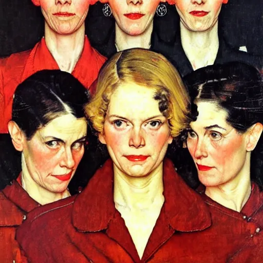 Image similar to Frontal portrait of a gang of semi-sentient women. Painting by Norman Rockwell.