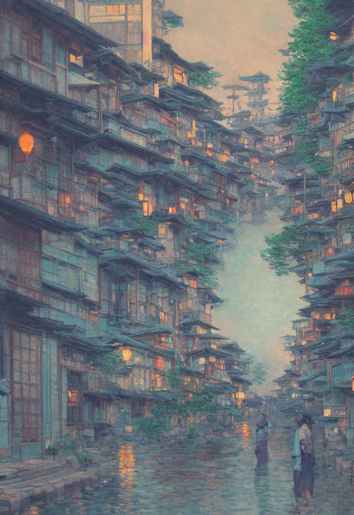 Image similar to a beautiful japanese city near the sea, amazing ryokans and gorgeous edo era houses, epic cyberpunk, lofi vibe, colorful, vivide colors, oil painting in impressionist style, by jeremy lipkin, by claude monet, by makoto shinkai, multiple brush strokes, inspired by ghibli, masterpiece, beautiful