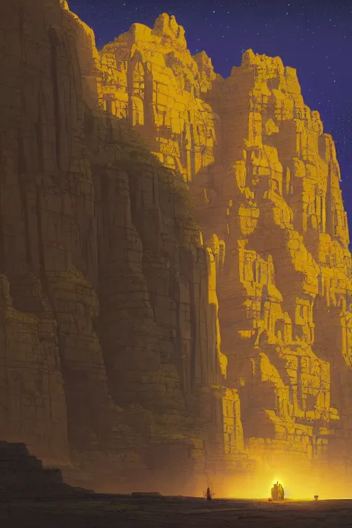 Image similar to ancient indian temple built into canyon walls, monks standing around golden statue glowing yellow, light streaks in the sky, floating planets and moons, dramatic lighting, artstation, matte painting, ralph mcquarrie, simon stalenhag