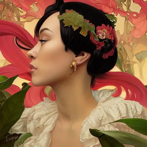 Image similar to Doja Cat, highly detailed, digital painting, artstation, concept art, smooth, sharp focus, illustration, ArtStation, art by artgerm and greg rutkowski and alphonse mucha and J. C. Leyendecker and Edmund Blair Leighton and Katsuhiro Otomo and Geof Darrow and Phil hale and Ashley wood and Ilya repin and Charlie Bowater