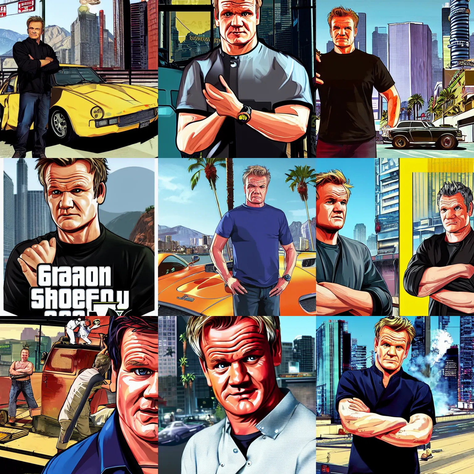 Prompt: gordon ramsey in gta v promotional art by stephen bliss, no text
