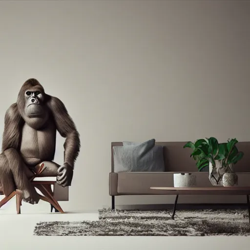 Prompt: Gorilla in a living room, interior design, concept render, 4k, octane render, CGsociety, high quality