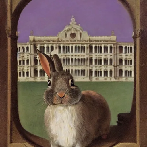 Prompt: a rabbit in a purple smoking jacket stands outside a palace, photorealism