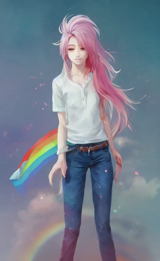 Image similar to a kawaii woman with rainbow hair, soft eyes and narrow chin, dainty figure, long hair straight down, kawaii shirt and jeans, basic white background, In style of by Jordan Grimmer and greg rutkowski, crisp lines and color