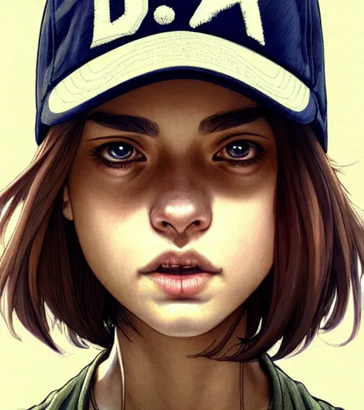 Image similar to symmetry ( clementine from the walking dead wearing her iconic baseball ( letter d ) hat ) ultra detailed, intricate, anime, dynamic lighting, digital art, digital painting, art station, wlop, sharp focus, illustration, art by artgerm and greg rutkowski and alphonse mucha