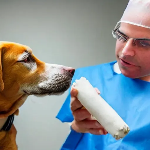 Image similar to a surgeon giving his dog a bone during an operation