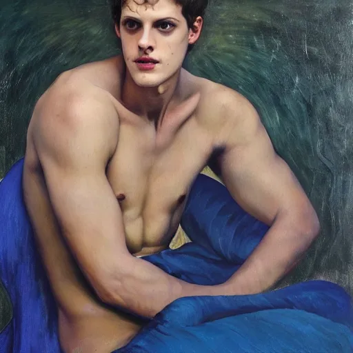 Prompt: Oil painting of the handsome Daniel Sharman in modern clothes, with blue devil wings, naturalism, dramatic lighting, high-detailed oil painting by Ilya Repin, Michelangelo da Caravaggio, William Blake, Alex Grey and Beksinski, trending on Artsatio, masterpiece, 4k, 8k,