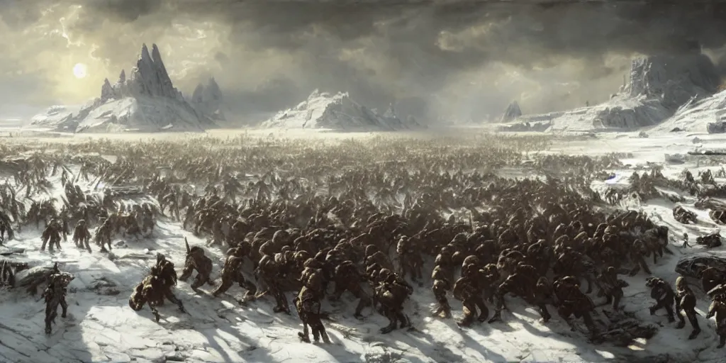 Prompt: the battle of hoth painted by jan matejko and grzegorz rutkowski. oil on canvas, sharp focus, cinematic atmosphere, detailed and intricate, perfect anatomy, detailed and intricate environment and characters