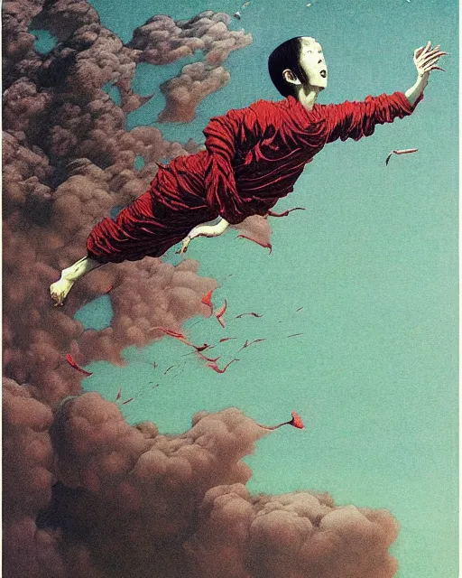 Image similar to early color photo of a scared boy flying in sky, Beksinski painting, part by Adrian Ghenie and Gerhard Richter. art by Takato Yamamoto