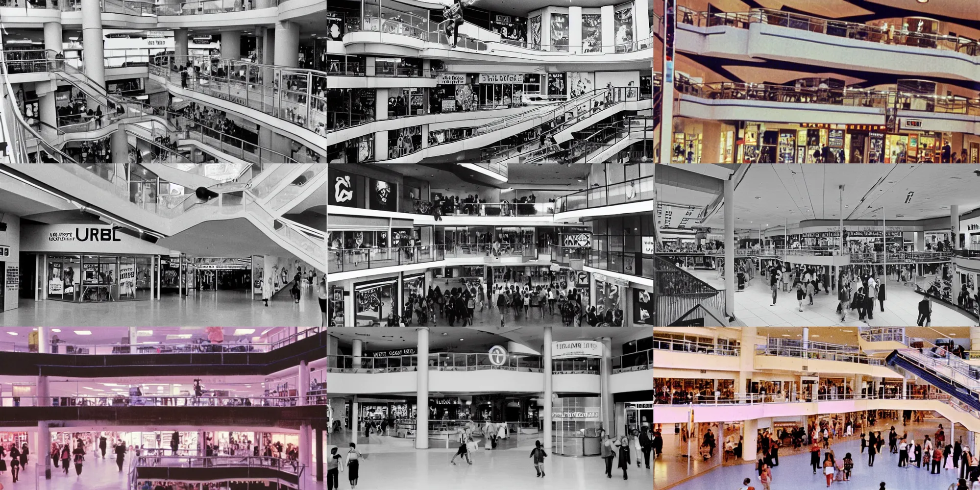 Prompt: 1 9 8 0 s shopping mall with 4 floors and michael jackson