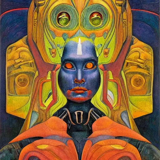 Image similar to robot queen with human eyes, by annie swynnerton and diego rivera and lucien freud and jean delville, symbolist, dramatic lighting, elaborate geometric ornament, art brut, soft pastel colors, smooth, sharp focus, extremely detailed, adolf wolfli, leo and diane dillon, nicholas roerich, donato giancola