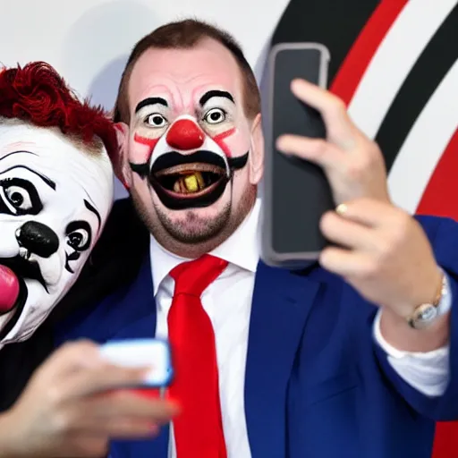 Prompt: a president with bulldog mouth and clown makeup taking a selfie in a podium next to an angry first minister