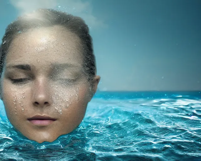 Prompt: water art manipulation of a realistic human head with open eyes burried in the ocean, surreal, side view, hyper realistic, ray tracing, realistic water, sharp focus, 8 k resolution, cinematic