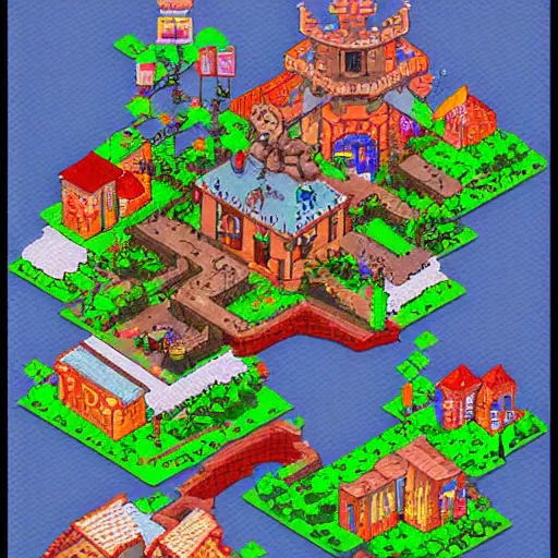 Prompt: pixel art fantasy town, game concept art, illustration,