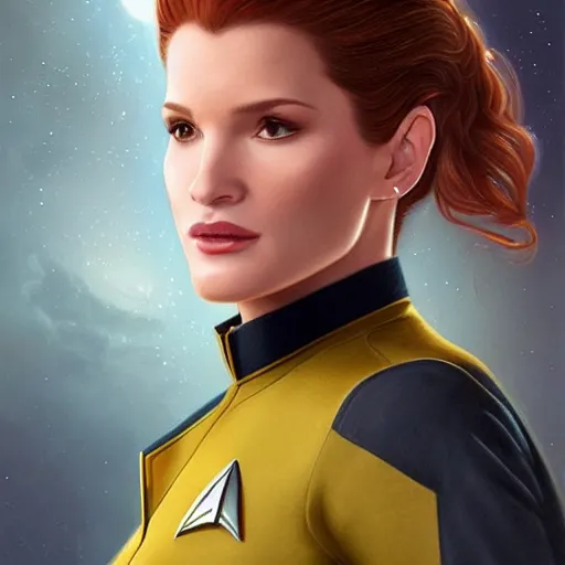 Image similar to ultra realistic illustration, bella thorne as captain janeway wearing star trek uniform, intricate, elegant, highly detailed, digital painting, artstation, concept art, smooth, sharp focus, illustration, art by artgerm and greg rutkowski and alphonse mucha