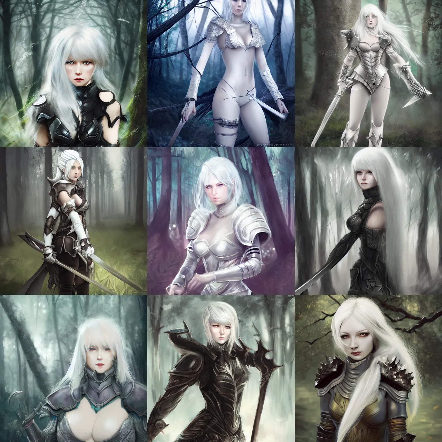 Prompt: fantasy art of woman warrior in plate armor, in dark forest, white hair, anime, by wlop