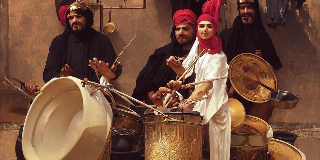 Prompt: a middle eastern drummer playing a drumset, the cymbals are replaced by dishes, elegant, highly detailed, digital painting, artstation, concept art, smooth, sharp focus, illustration, art by artgerm and greg rutkowski and alphonse mucha and william - adolphe bouguereau