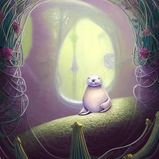 Image similar to beautiful digital fantasy illustration of a Prince in pastel!!!, whimsical acrylic modern pop surrealism, Even Giger-y dark overlords living in the ruins of an ancient system of tunnels and caves like to be comfy every once in a while!, A seal sleeping peacefully in a kelp forest, highly detailed, soft lighting, rendered in octane, masterpiece, very very very aesthetic