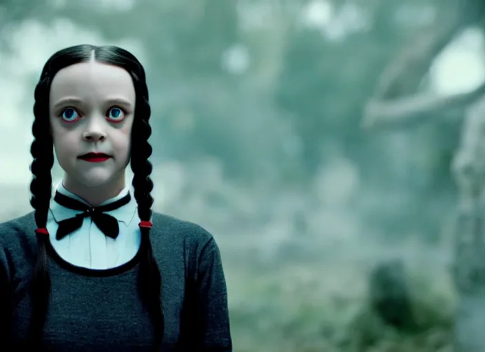 Image similar to film still of wednesday addams in the new scifi movie, 4 k