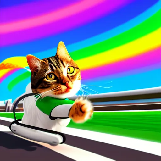 Image similar to digital illustration of a cat with wind blowing through his jacket, driving a kart through rainbow road, 4K