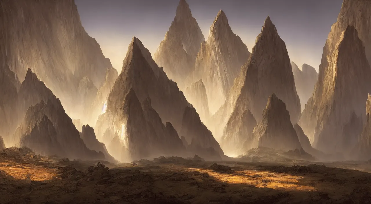 Image similar to ancient geological megastructural pyramid in canyon, tectonic parametrics by syd mead by albert bierstadt, photorealistic, zaha hadid, god rays, volumetric lighting, detailed, extremely intricate, raytrace, octane, light fog, neon