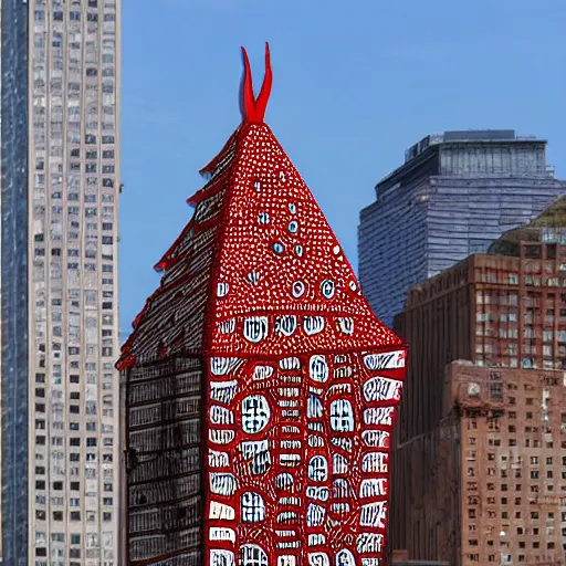 Prompt: a building of the shape of an amanita muscaria in the New York skyline, photorealistic