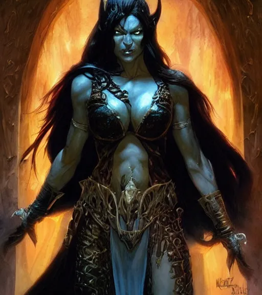Prompt: a evil female half - orc sorceress, art by karol bak and mark brooks and artgerm, centered, trending on artstation