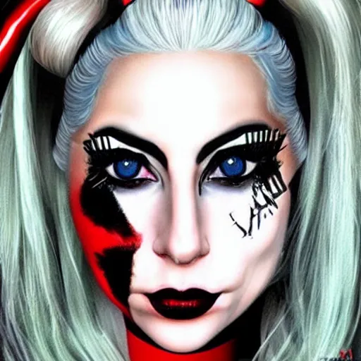 Image similar to photorealistic Lady Gaga as Harley Quinn