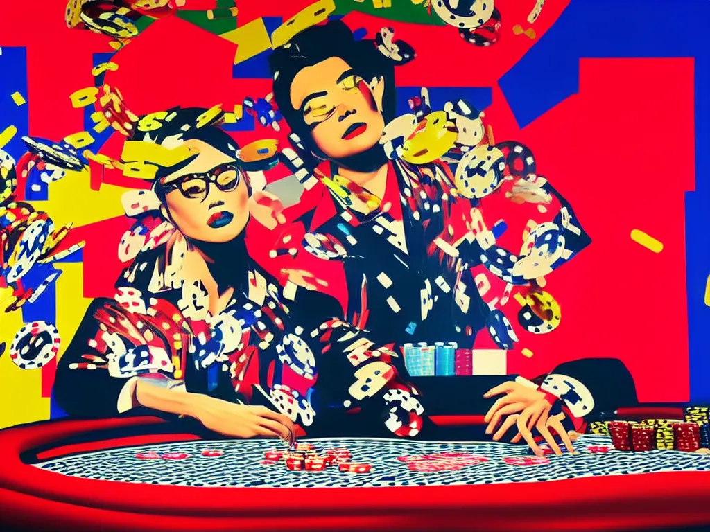 Image similar to hyper - realistic composition of a room in a casino with an extremely detailed poker table, croupier in traditional japanese kimono standing nearby fireworks in the background, pop art style, jackie tsai style, andy warhol style, acrylic on canvas