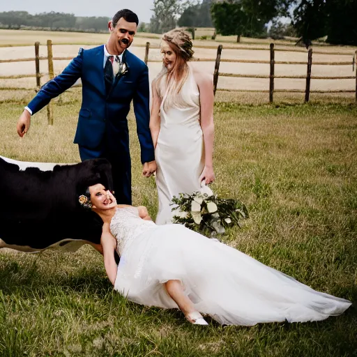 Prompt: a bride and groom playfully press up against a cow on a farm, wedding photo