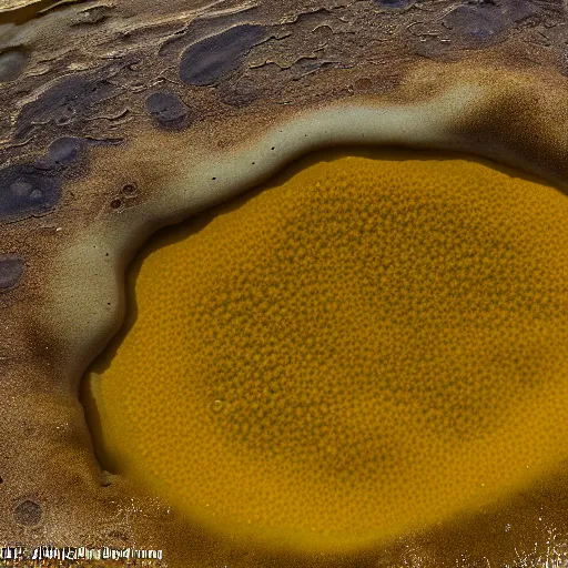 Image similar to a yellow and brown bacterial mat at a yellowstone hotspring, macro photography, extremely detailed