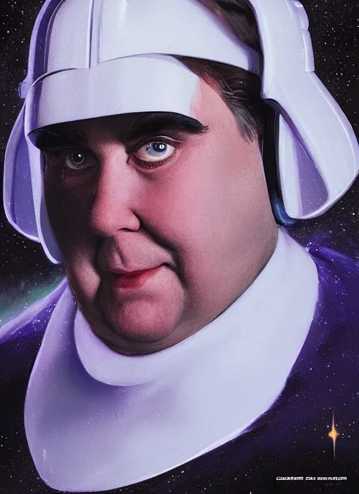 Prompt: hyper realistic, zoomed out portrait of john candy in star wars as leia, stoned, by greg rutkowski, scott m fischer, artgerm, loish, slight glow, atmospheric, anne stokes, alexandros pyromallis