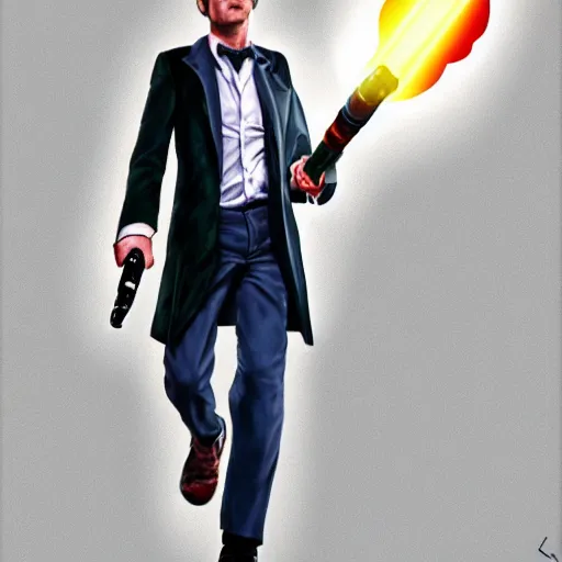 Image similar to Portrait of The Tenth Doctor stepping out of the Tardis and holding a sonic screwdriver, artstation, high definition, 4k, sharp focus