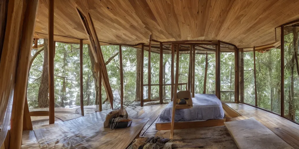 Image similar to interior of an epic treehouse. modern design, window viewing forest canopy, wooden bridge