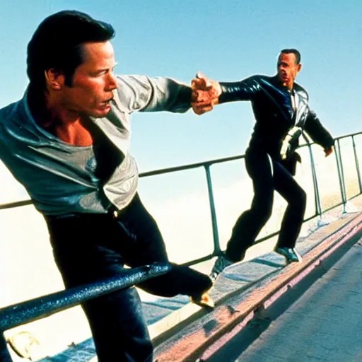 Image similar to keanu reeves fighting bruce willis and jean claude van damme on top of a bridge