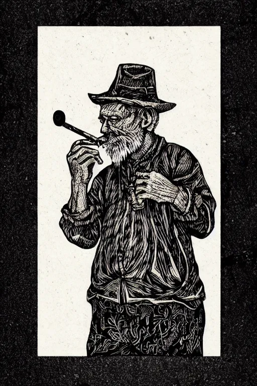 Image similar to a beautiful woodcut print of an old man smoking a pipe, 8 k, frostbite 3 engine, cryengine, dof, trending on artstation, digital art, crepuscular ray, art by roy l davies and tugboat printshop