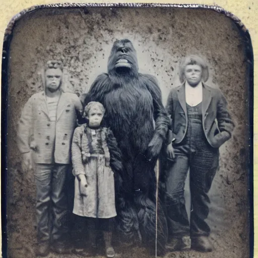 Prompt: a tintype photo of bigfoot and his family