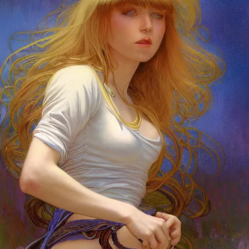 Image similar to A young woman with blonde long hair and bangs in shorts and white shirt drawn by Donato Giancola and Julie Bell, frank frazetta, alphonse mucha, background by James Jean and gustav klimt, 4k, volumetric lighting, french nouveau, trending on artstation, octane render, hyperrealistic